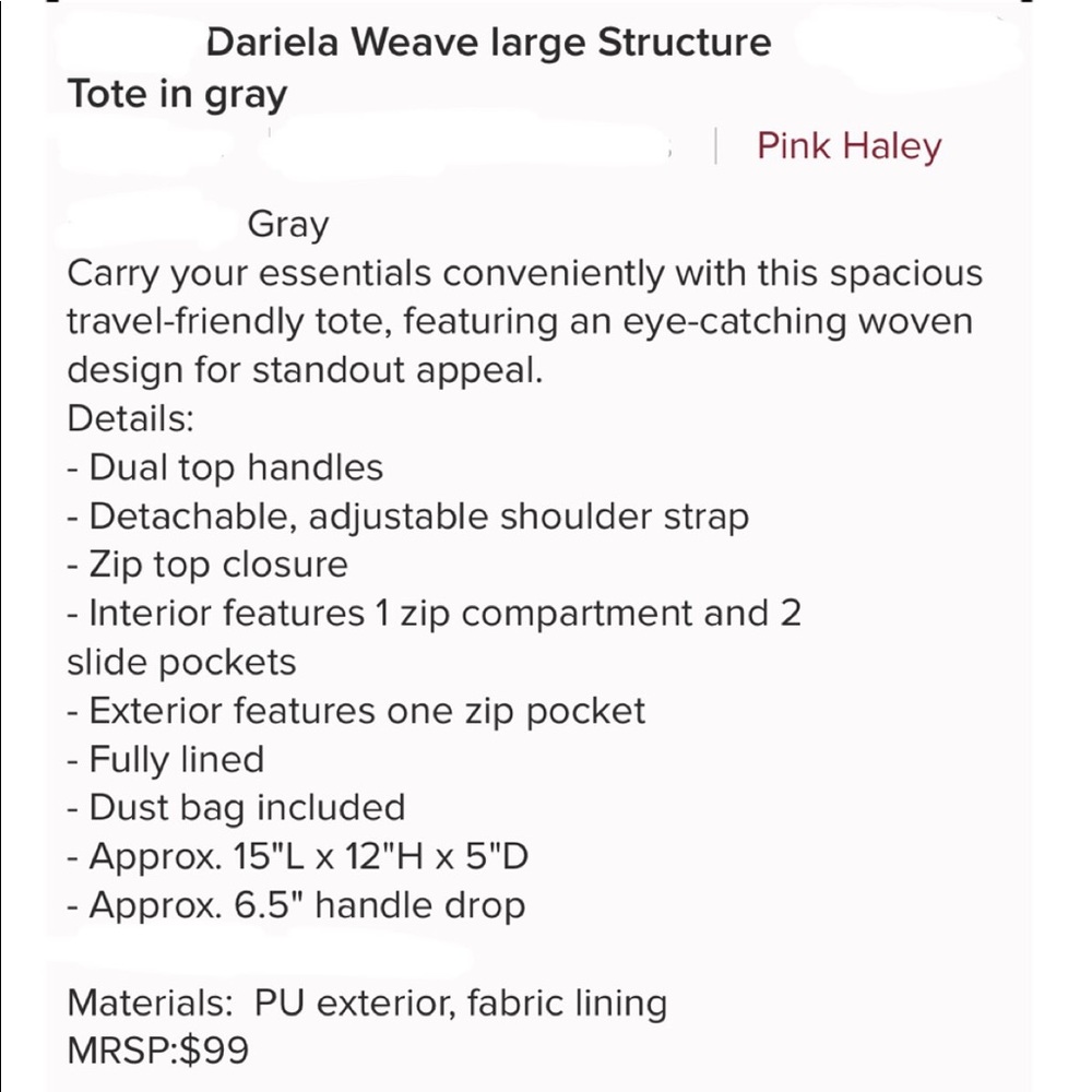 1 left! Boutique- Pink Haley Dariela Tote in Grey - Picture 5 of 5